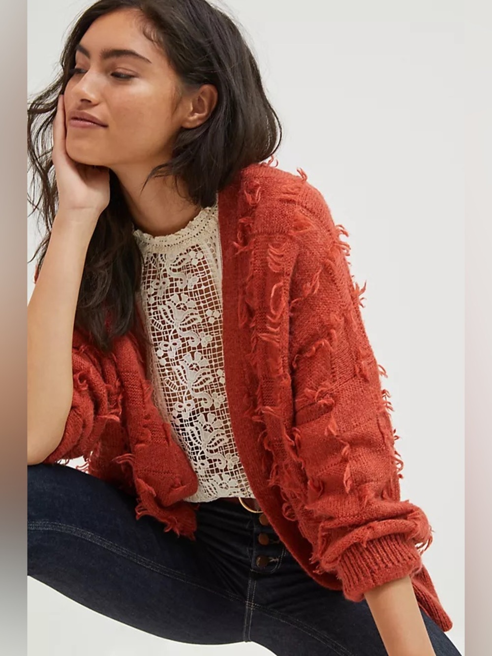 Maeve Anthropologie Janis Fringed Cardigan size M/L Women Rust Fringe Open Sweat